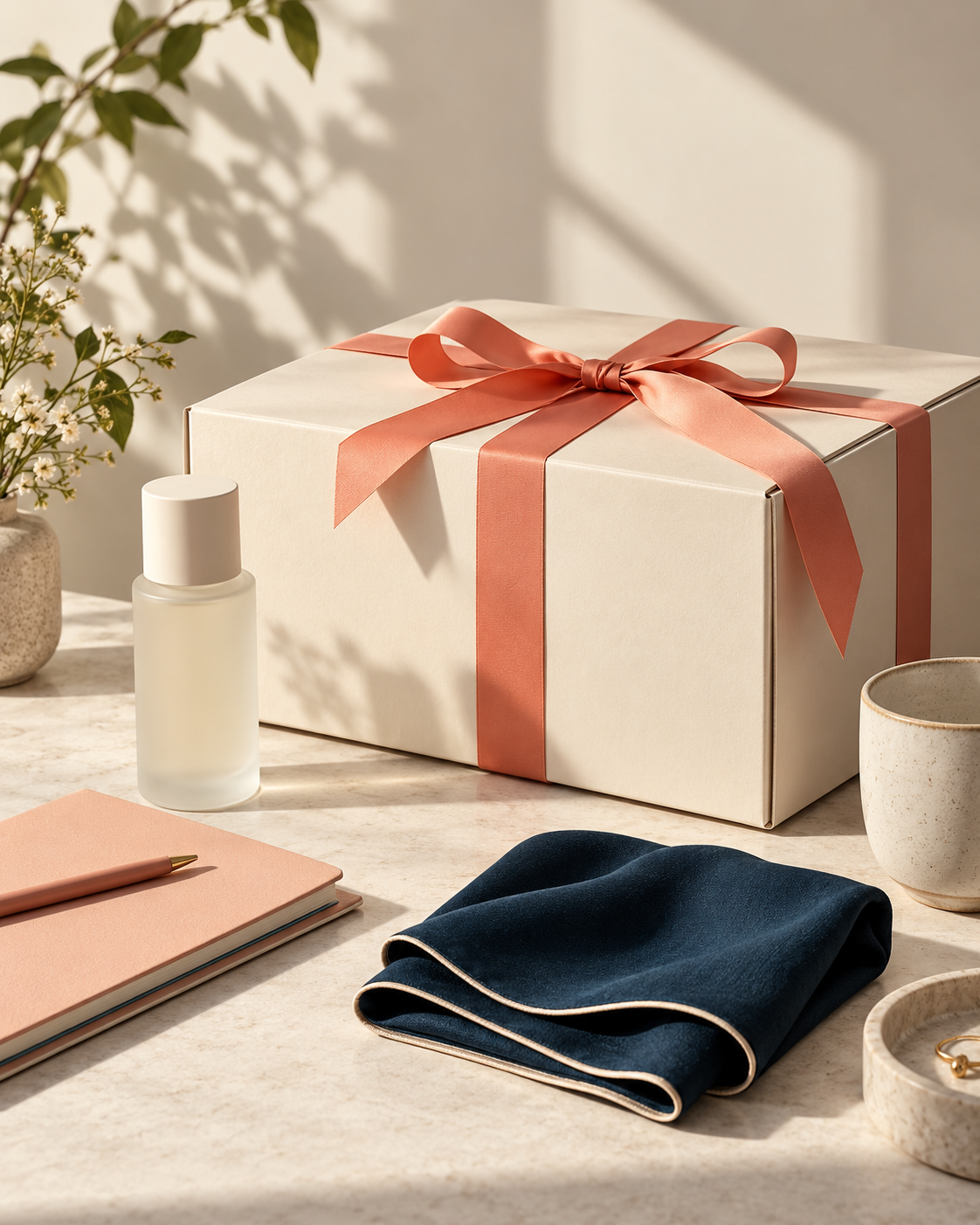 Korean shopping finds beside a parcel tied with a coral ribbon